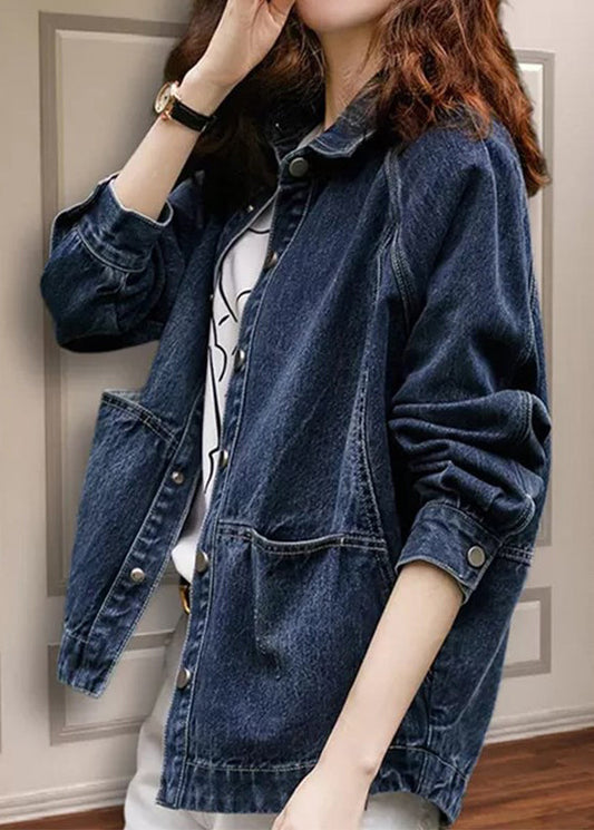 Navy Peter Pan Collar Pockets Patchwork Denim Jackets Fall