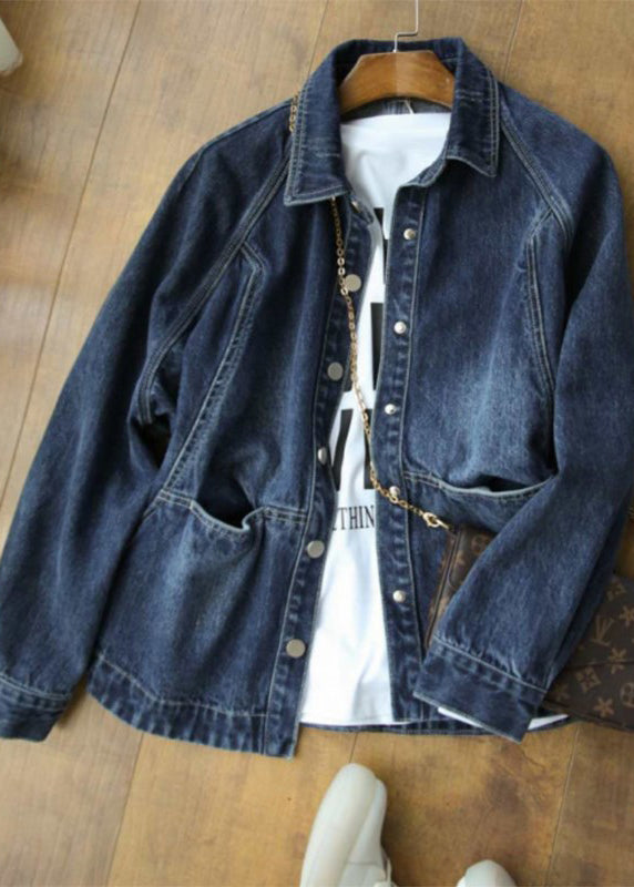Navy Peter Pan Collar Pockets Patchwork Denim Jackets Fall