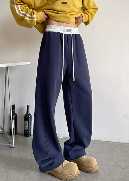 Navy Pockets Drawstring Cotton Pants Spring