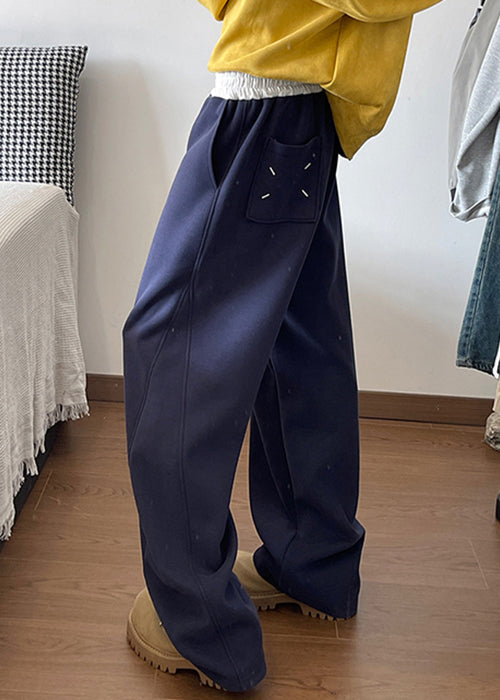 Navy Pockets Drawstring Cotton Pants Spring