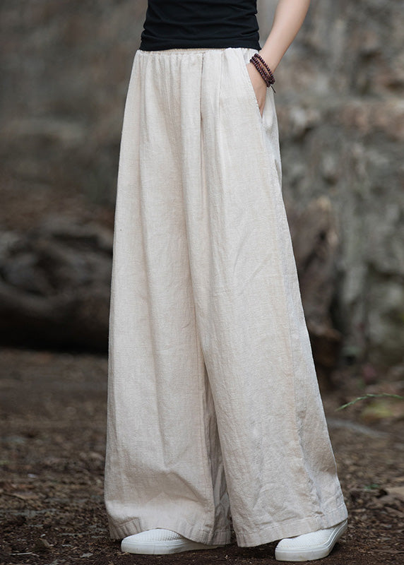 Navy Pockets Elastic Waist Linen Wide Leg Pants Summer