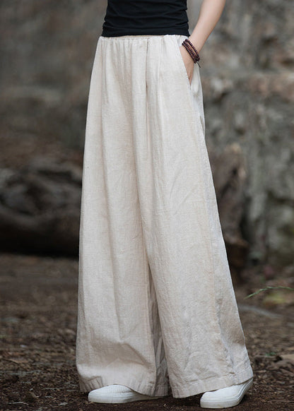 Navy Pockets Elastic Waist Linen Wide Leg Pants Summer