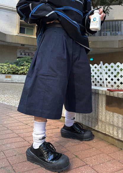 Navy Pockets High Waist Cotton Crop Pants Summer
