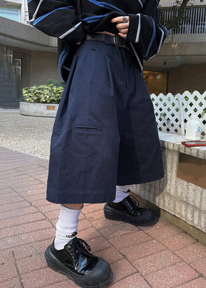 Navy Pockets High Waist Cotton Crop Pants Summer