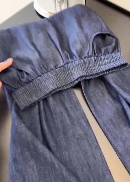 Navy Pockets Lace Patchwork Denim Wide Leg Pants Spring