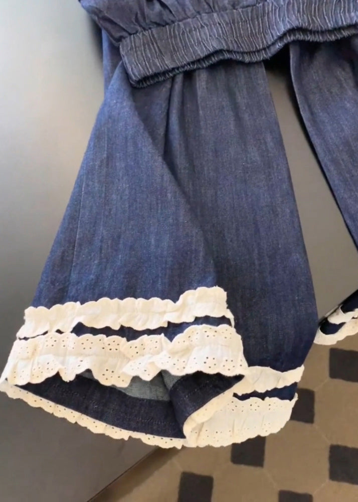 Navy Pockets Lace Patchwork Denim Wide Leg Pants Spring