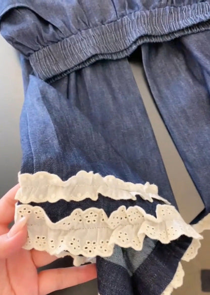 Navy Pockets Lace Patchwork Denim Wide Leg Pants Spring