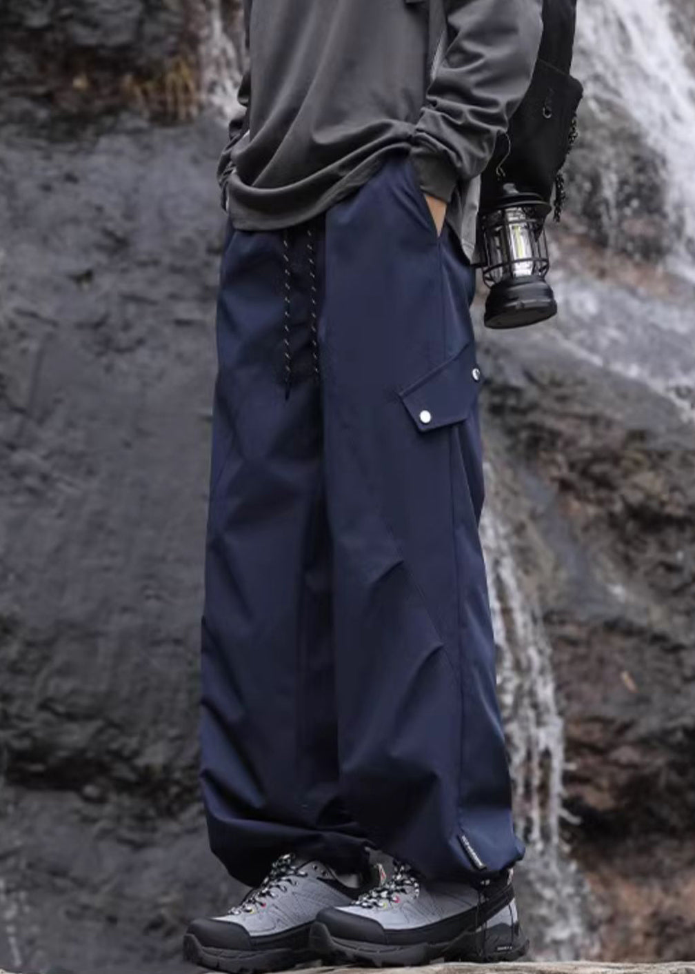 Navy Pockets Lace Up Elastic Waist Cotton Pants Spring
