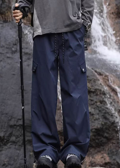 Navy Pockets Lace Up Elastic Waist Cotton Pants Spring