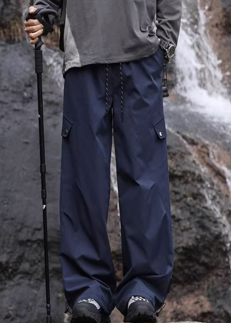 Navy Pockets Lace Up Elastic Waist Cotton Pants Spring