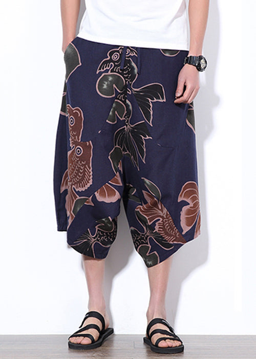 Navy Print Elastic Waist Cotton Crop Pants Summer