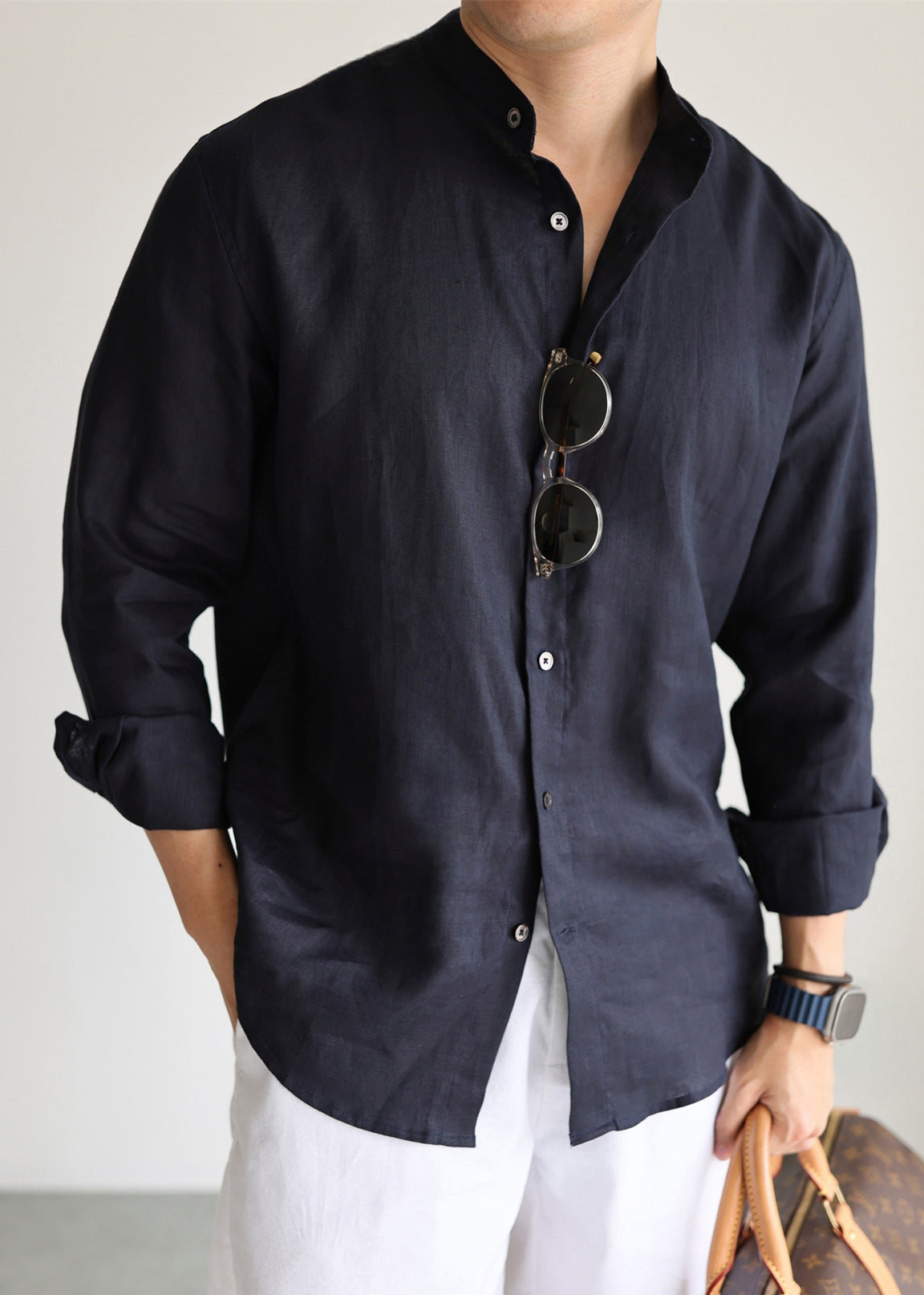 Casual Navy Stand Collar Solid Linen Men's Shirts Fall