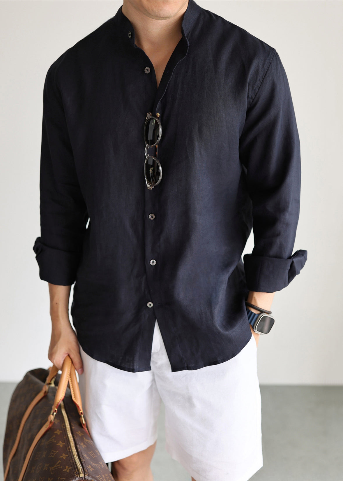 Casual Navy Stand Collar Solid Linen Men's Shirts Fall