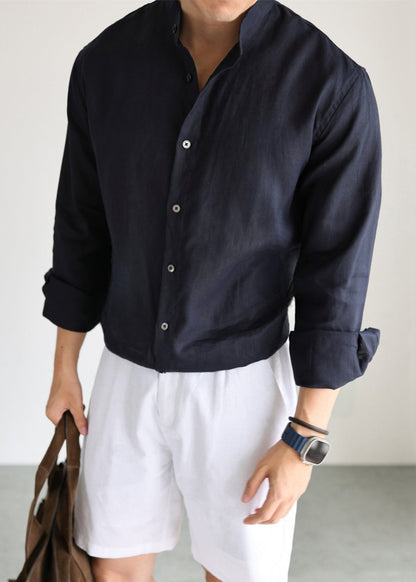 Casual Navy Stand Collar Solid Linen Men's Shirts Fall