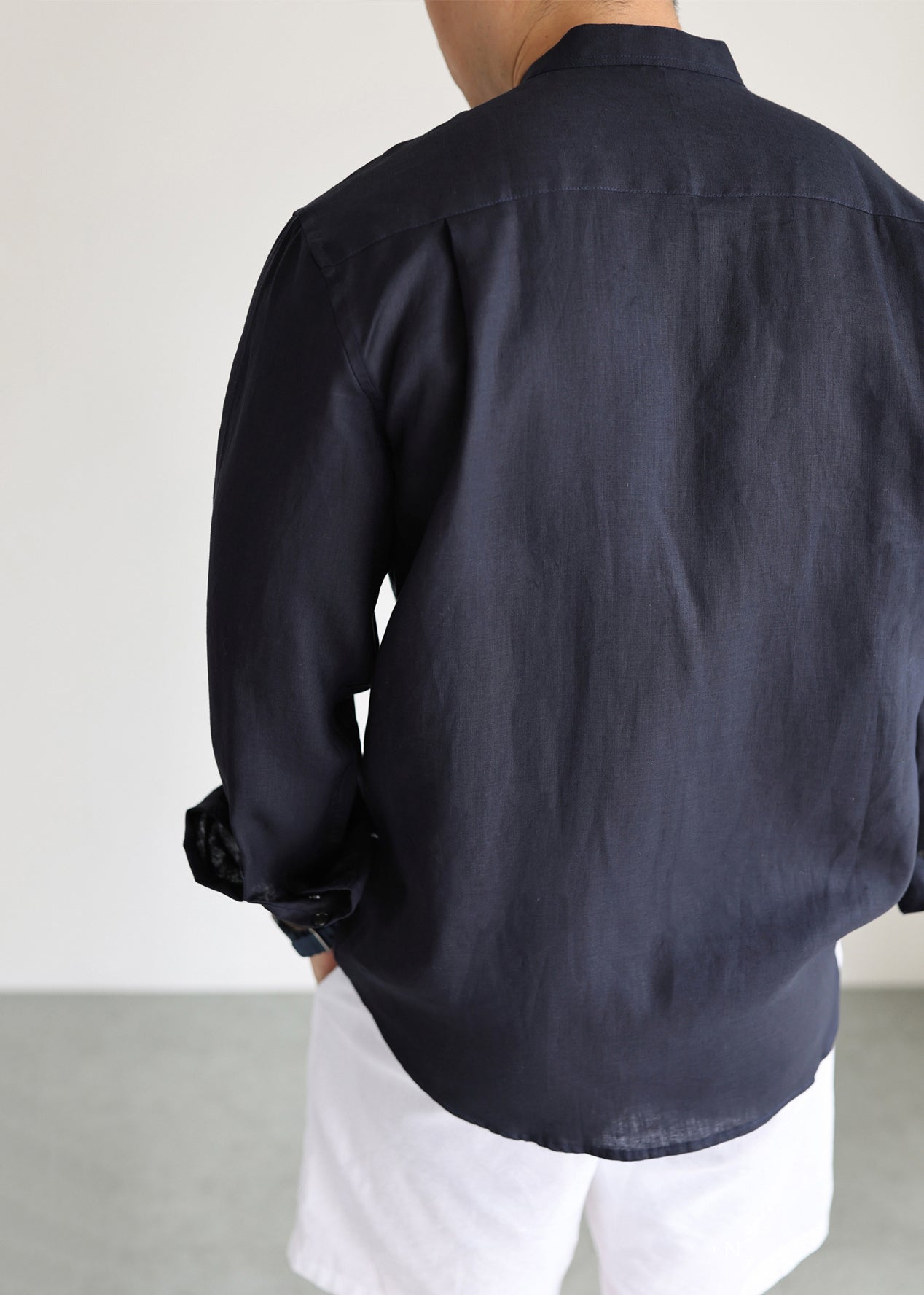 Casual Navy Stand Collar Solid Linen Men's Shirts Fall