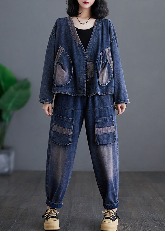 Navy V Neck Patchwork Denim Coats and Harem Pants Two Pieces Sets Long Sleeve