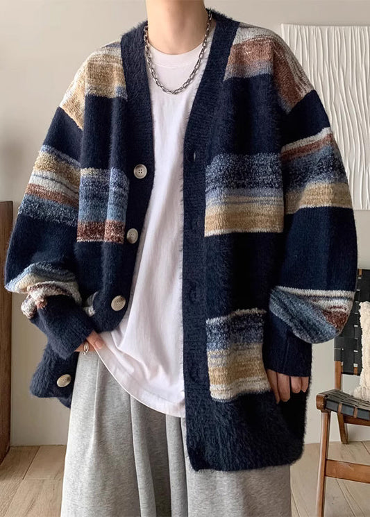 Navy V Neck Striped Button Knit Coats Spring