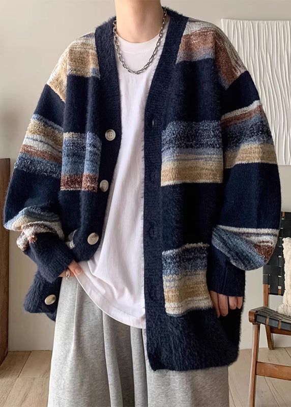 Navy V Neck Striped Button Knit Coats Spring