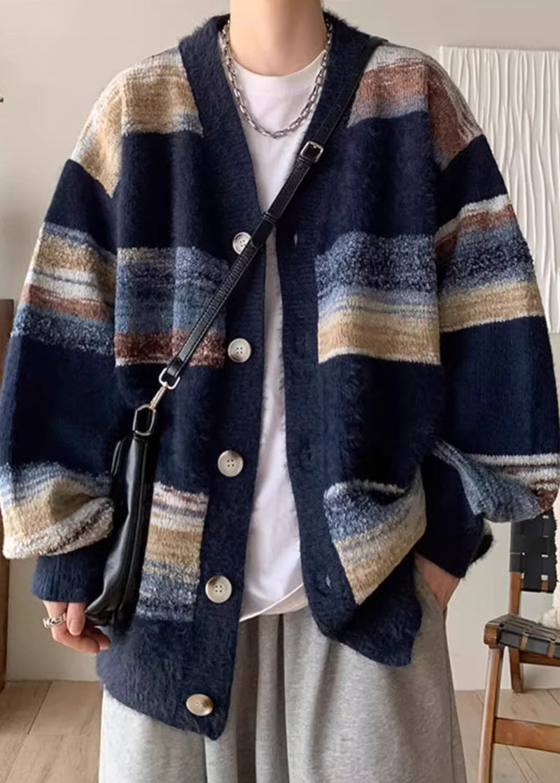 Navy V Neck Striped Button Knit Coats Spring