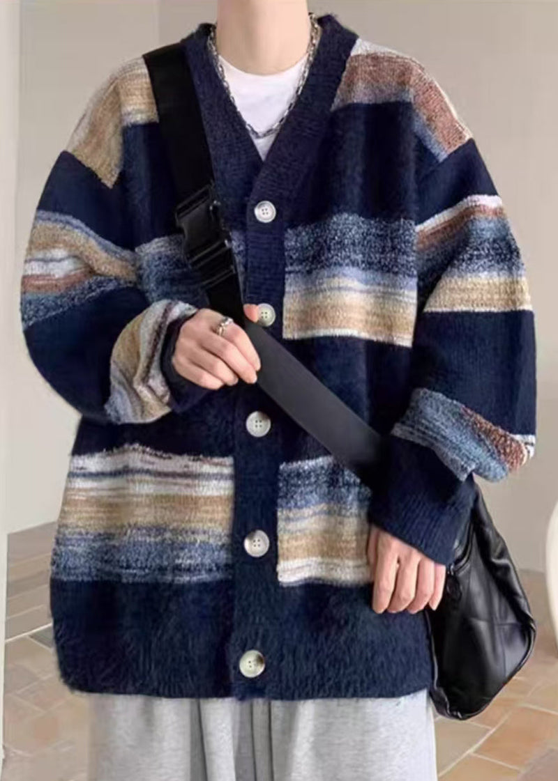 Navy V Neck Striped Button Knit Coats Spring