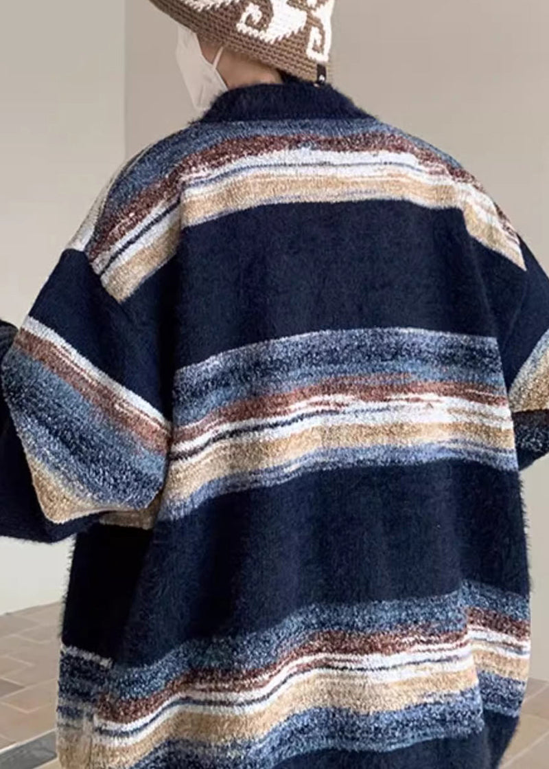 Navy V Neck Striped Button Knit Coats Spring