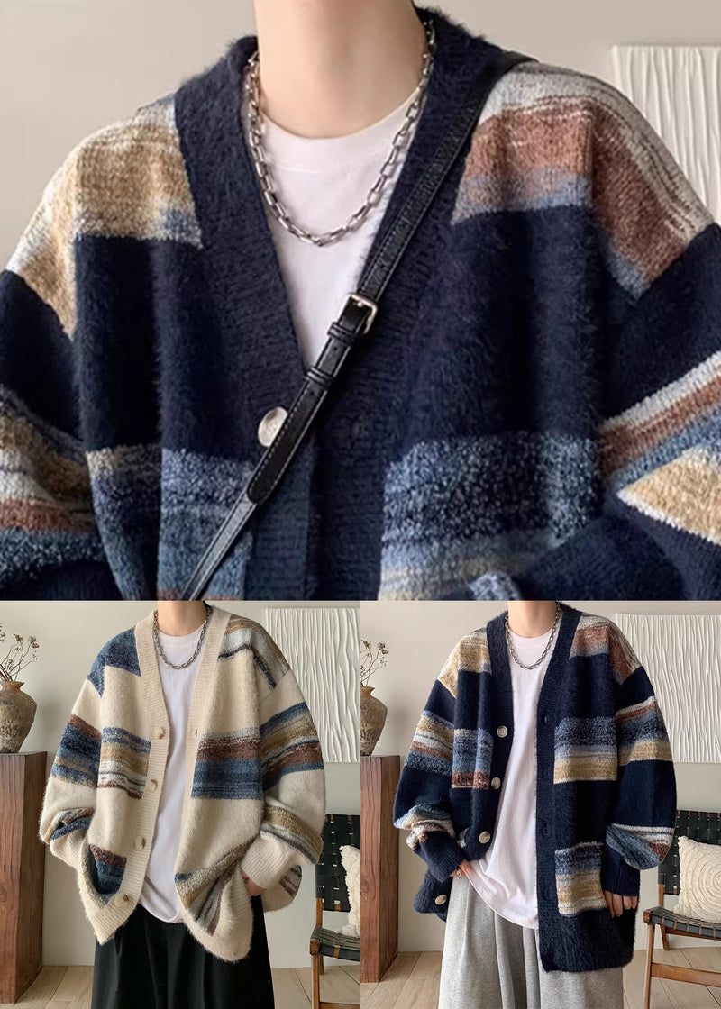 Navy V Neck Striped Button Knit Coats Spring
