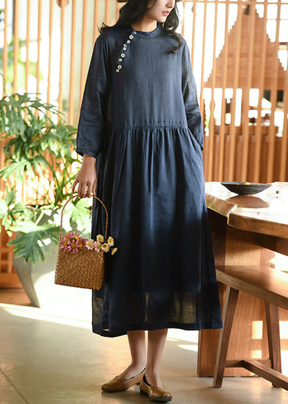 Navy Wrinkled Pockets Patchwork Linen Dresses Fall