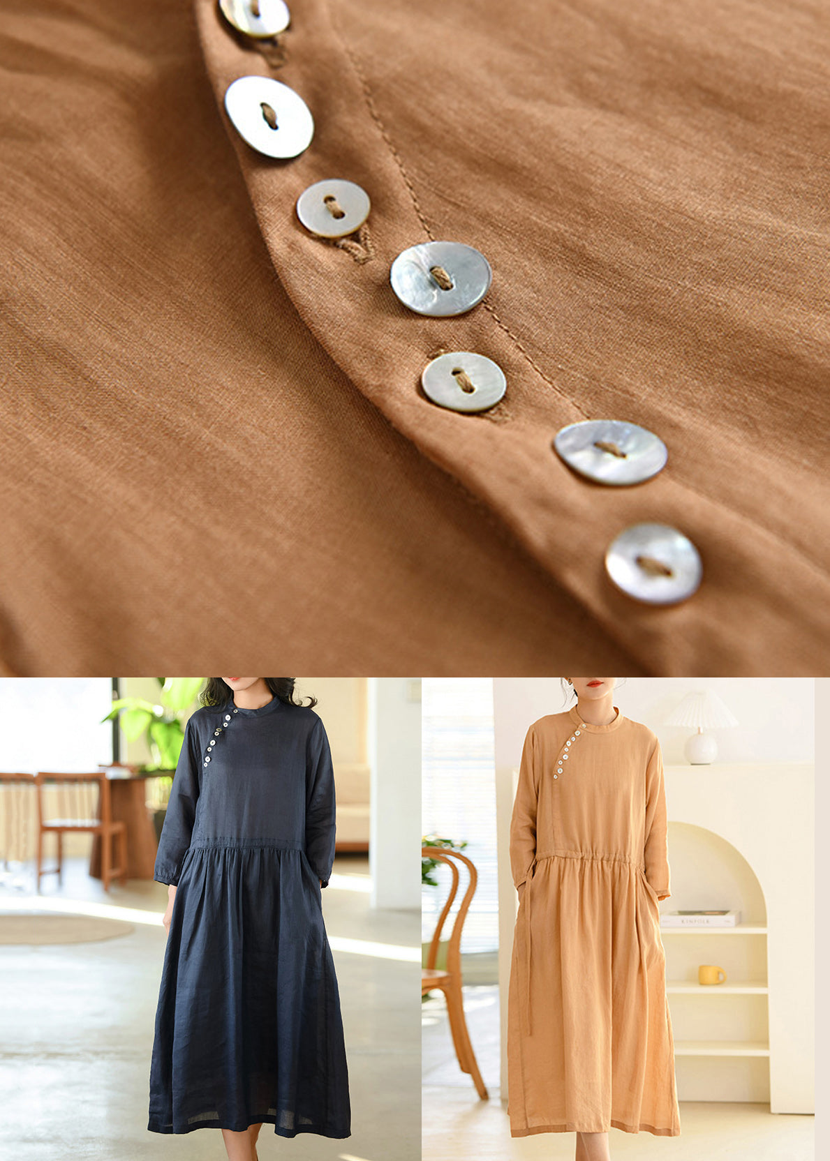 Navy Wrinkled Pockets Patchwork Linen Dresses Fall
