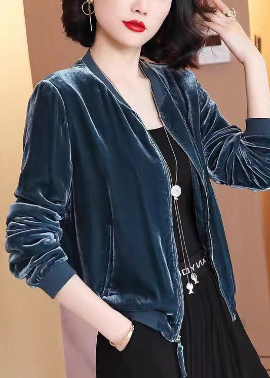 Navy Zip Up Pockets Velour Jacket Spring