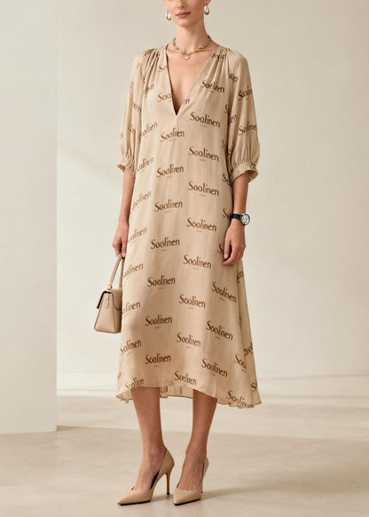 Nude V Neck Print Cotton Long Dresses Summer