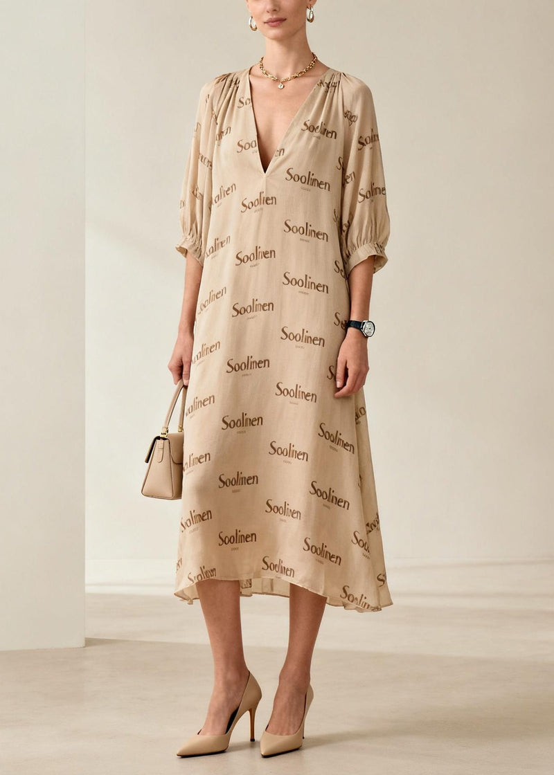 Nude V Neck Print Cotton Long Dresses Summer
