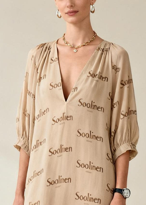 Nude V Neck Print Cotton Long Dresses Summer