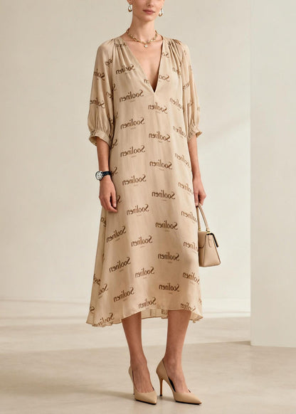Nude V Neck Print Cotton Long Dresses Summer