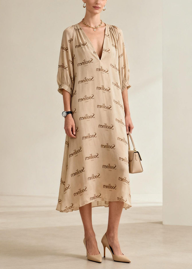 Nude V Neck Print Cotton Long Dresses Summer