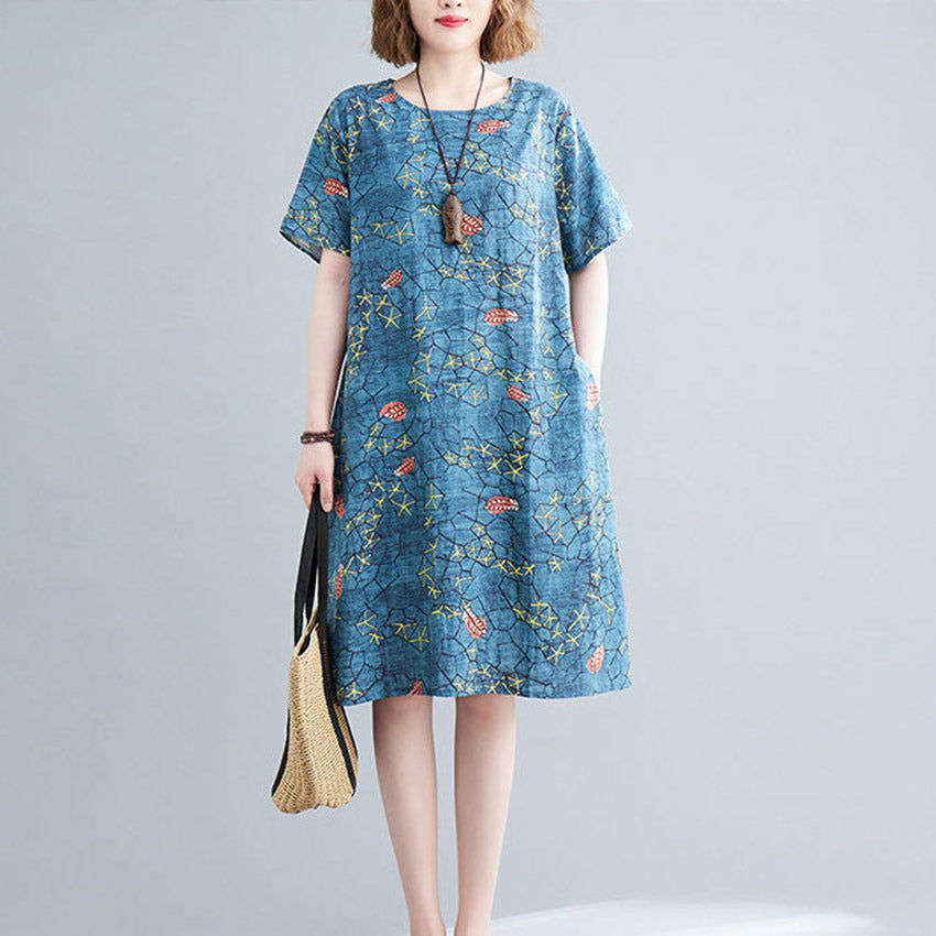 Number One Flower O-neck Print Pockets Dress Short Sleeve