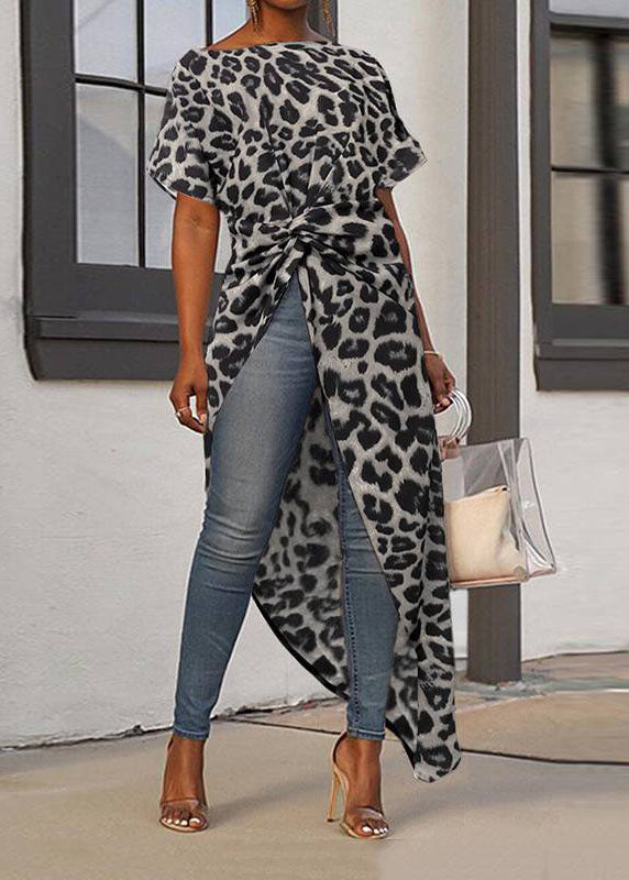 O-neck Asymmetrical Design Exra Large Hem Gold Leopard Print Top Short Sleeve