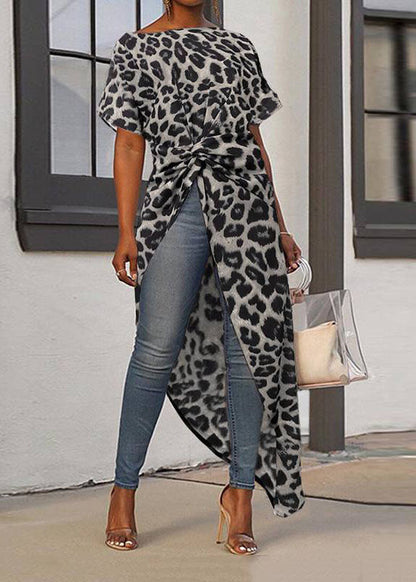 O-neck Asymmetrical Design Exra Large Hem Gold Leopard Print Top Short Sleeve