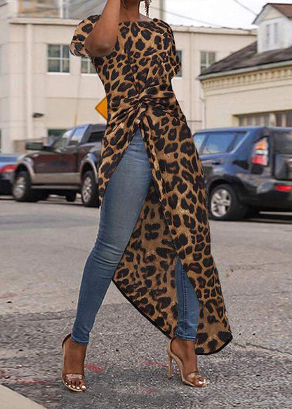O-neck Asymmetrical Design Exra Large Hem Gold Leopard Print Top Short Sleeve