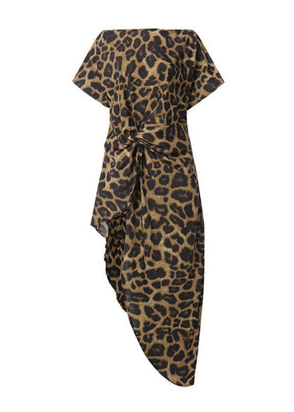 O-neck Asymmetrical Design Exra Large Hem Gold Leopard Print Top Short Sleeve