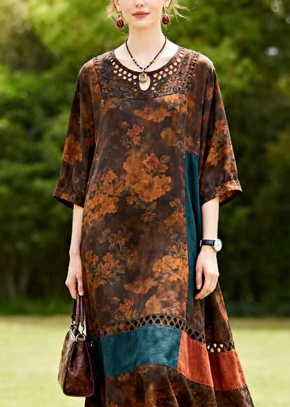 O Neck Hollow Out Print Patchwork Cotton Dresses Summer