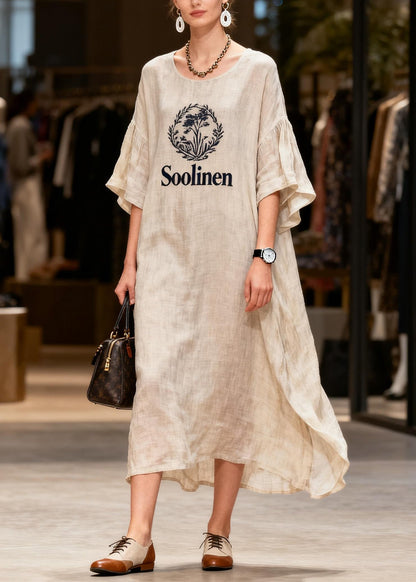 O Neck Print Patchwork Linen Long Dress Summer