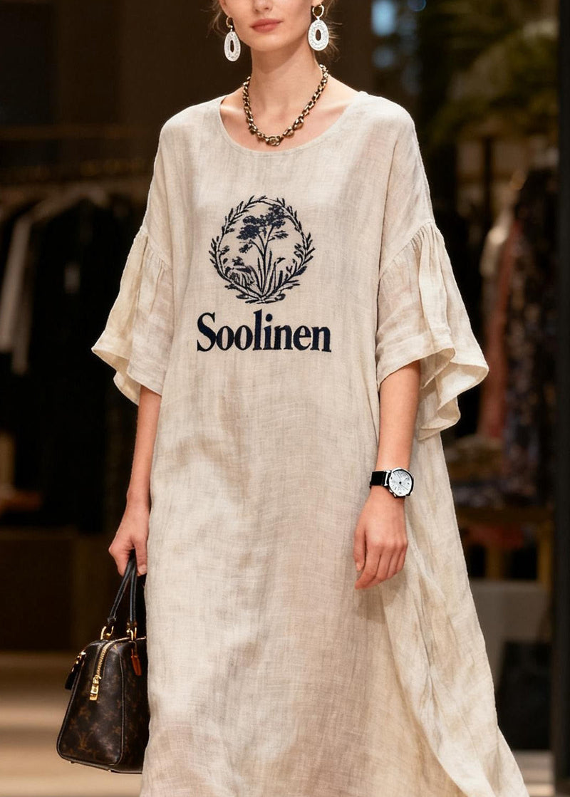 O Neck Print Patchwork Linen Long Dress Summer
