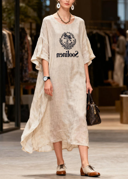 O Neck Print Patchwork Linen Long Dress Summer