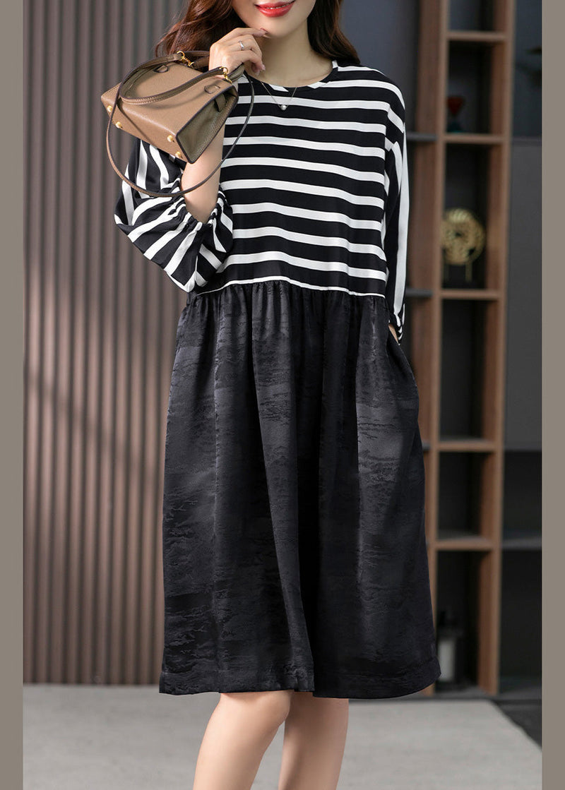 O-neck Striped Patchwork Silk Maxi Dresses Spring