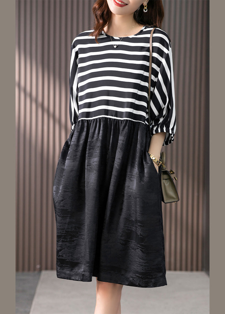 O-neck Striped Patchwork Silk Maxi Dresses Spring