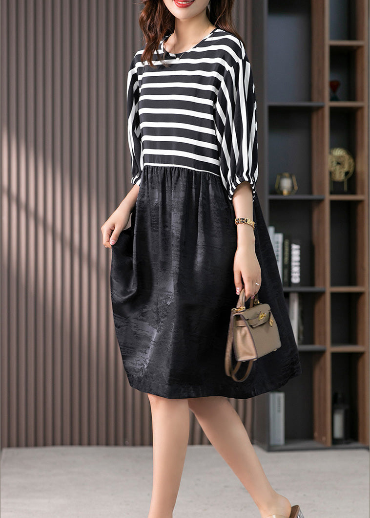 O-neck Striped Patchwork Silk Maxi Dresses Spring