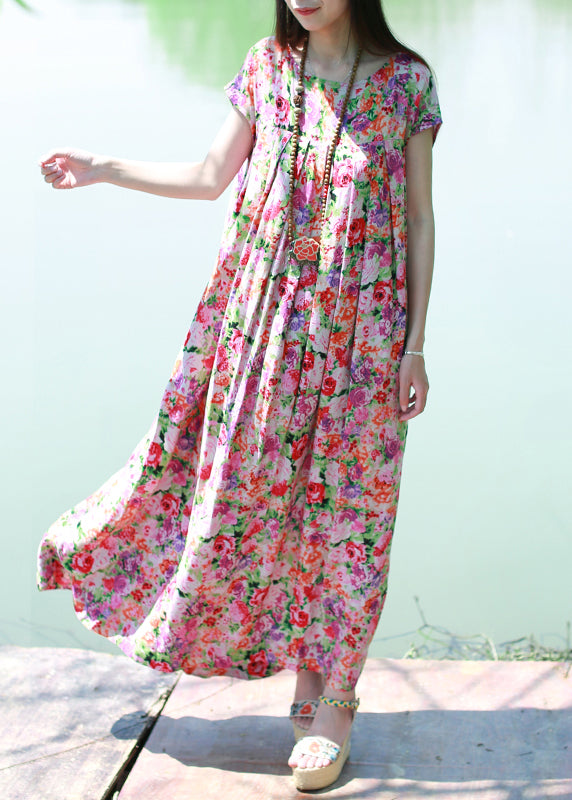 O-neck Wrinkled Print Long Dress Short Sleeve