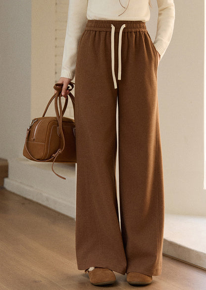 Oatmeal Pockets Elastic Waist Woolen Wide Leg Pants Spring
