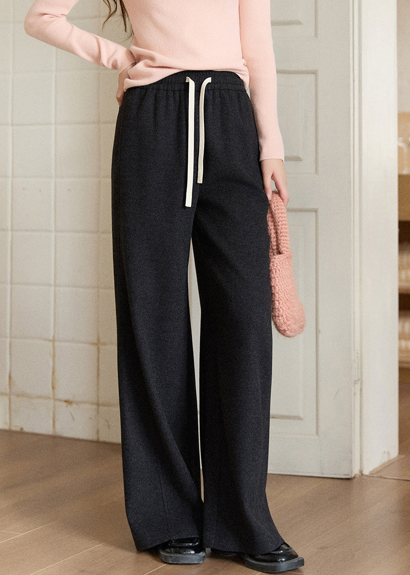 Oatmeal Pockets Elastic Waist Woolen Wide Leg Pants Spring