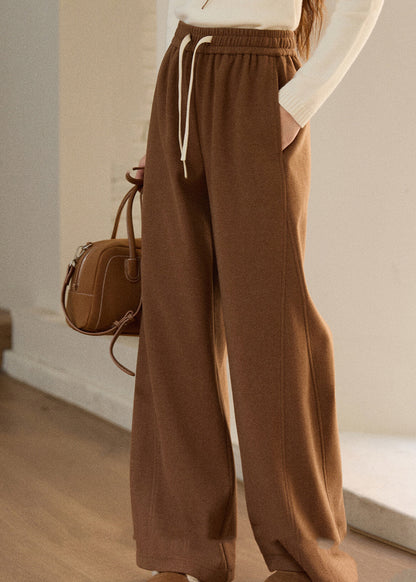 Oatmeal Pockets Elastic Waist Woolen Wide Leg Pants Spring